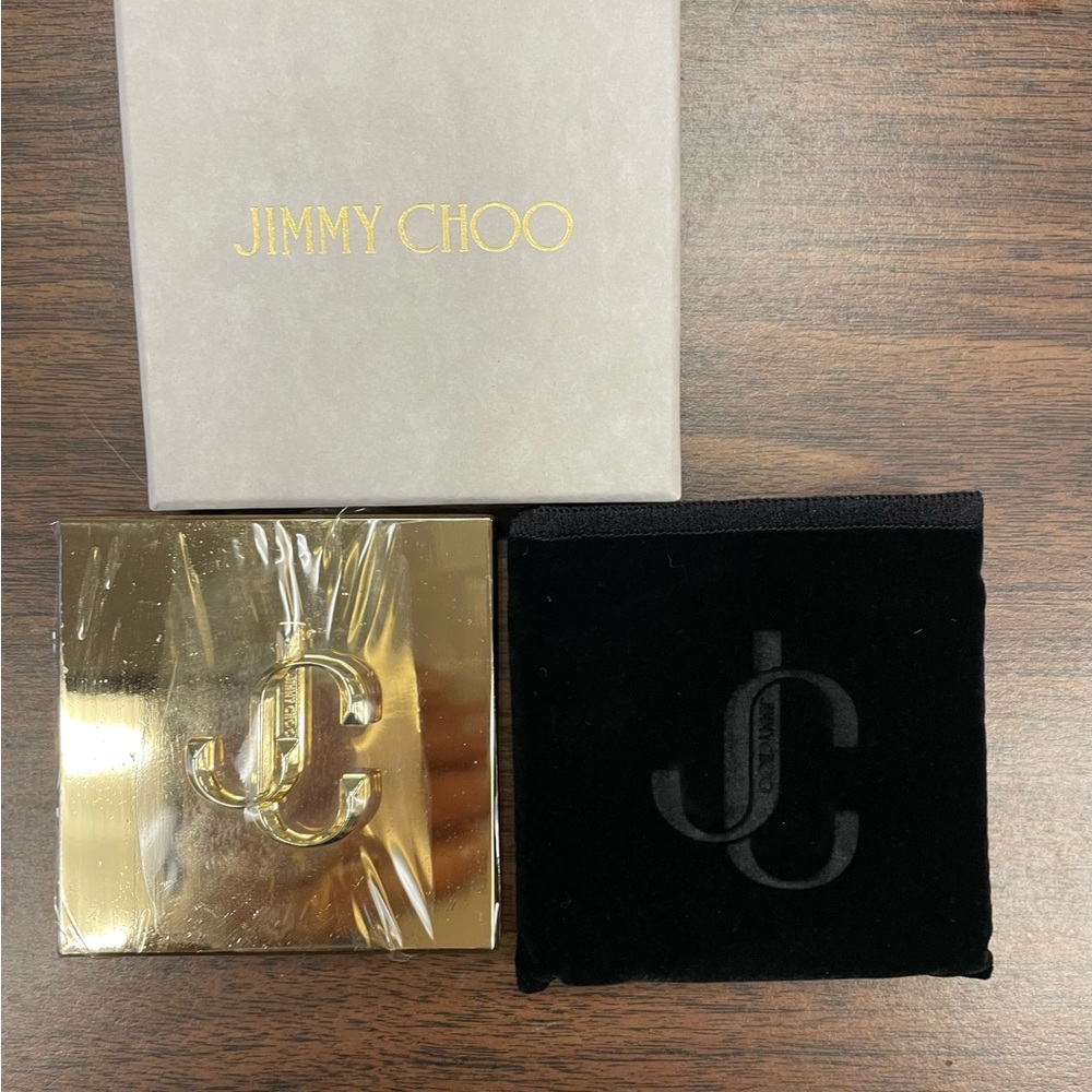 Jimmy Choo Gold and Black Logo Compact Mirror with Velvet Pouch